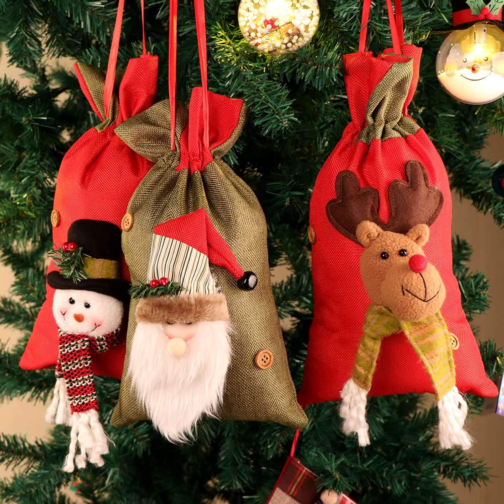OurWarm 3D Santa Claus Snowman Reindeer Christmas Gift Bags Bulk - 15x8 Inch Large Drawstring Burlap Sacks, Reusable Xmas Party Treat Goody Bags for Holiday Gifting, Stocking Stuffers & Festive Decorations