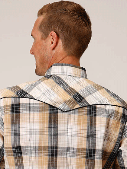 Roper Men's Long Sleeve Plaid Western Shirt - Khaki Checkered Cowboy Shirt for Casual Wear, Rodeo & Country Style Outfits