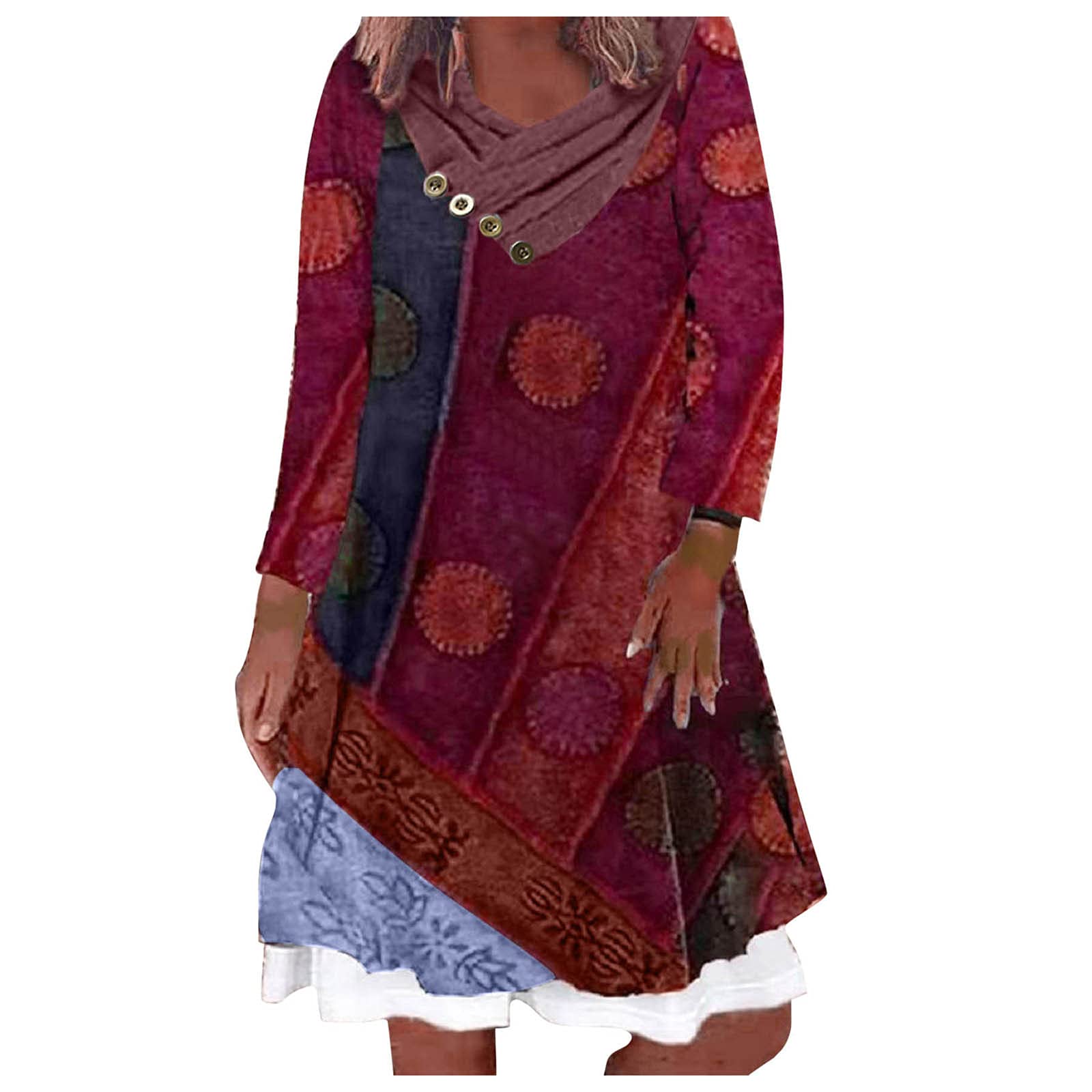 YUSDEE Women's Long Sleeve Button Down Dress with Pile Collar Print, Loose Fit Two Piece Style Knee Length Summer Dress - Perfect for Casual Outings, Office Wear & Vacation Outfits