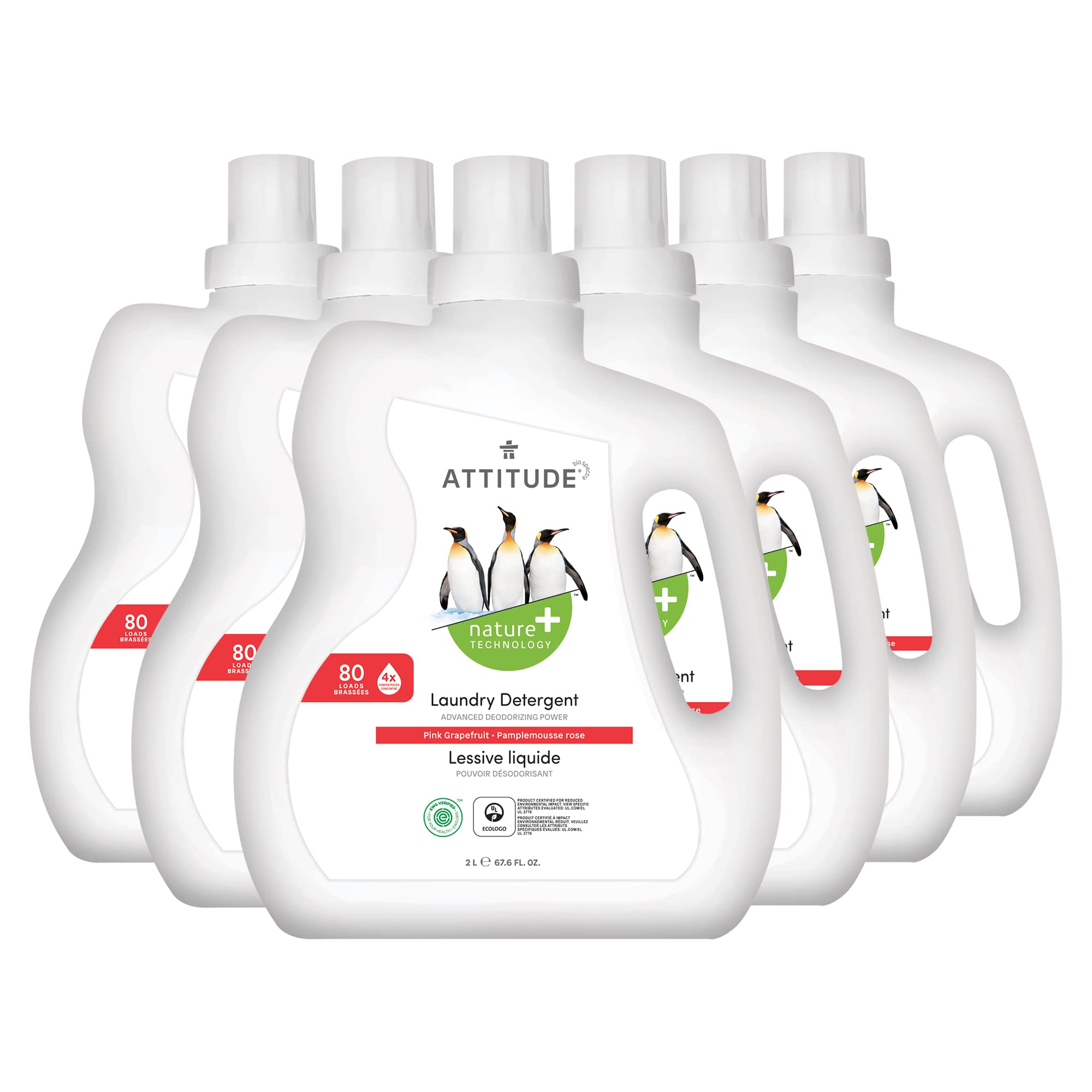 ATTITUDE Liquid Laundry Detergent - EWG Verified, HE Compatible, Vegan & Plant-Based, Cruelty-Free, Pink Grapefruit Scent - 80 Loads, 67.6 Fl Oz (6-Pack) | Gentle on Skin, Perfect for Sensitive Skin & Eco-Friendly Households