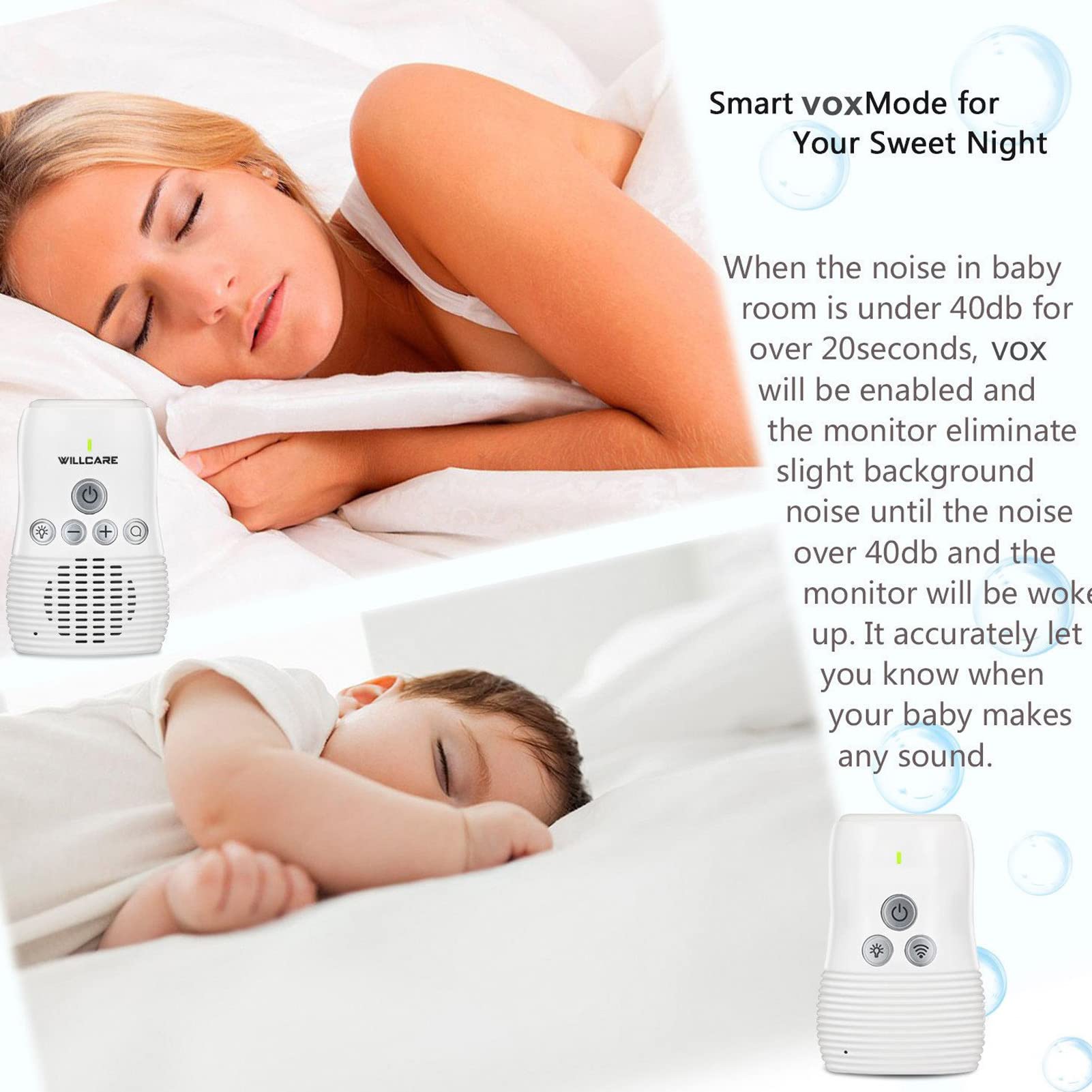 2.4GHz Smart Baby Monitor with Two-Way Talk, Night Light & Noise Detection - 20 Hours Standby Time for Newborn & Infant Care - Perfect for Nursery, Bedroom & Travel Use