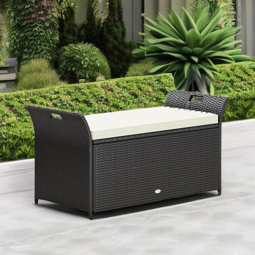 YITAHOME 90 Gallon Outdoor Wicker Storage Bench with Cushion - Large PE Rattan Deck Box with Handles & Hydraulic Lid - Perfect for Patio Furniture Storage, Garden Tools, Pool & Sports Equipment (Black & Beige) - Ideal for Backyard, Deck, Poolside & Outdoor Organization