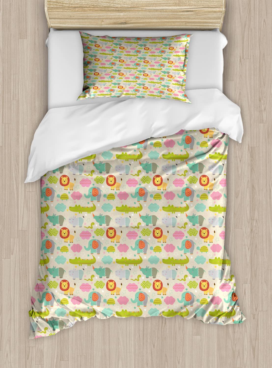 Ambesonne Zoo Animals Duvet Cover Set - Lion, Hippo & Crocodile Print with Stars - 2 Pack California King Size Bedding Set with 4 Pillowcases - Vibrant Multicolor Wildlife Theme for Kids & Adults Bedroom Decor