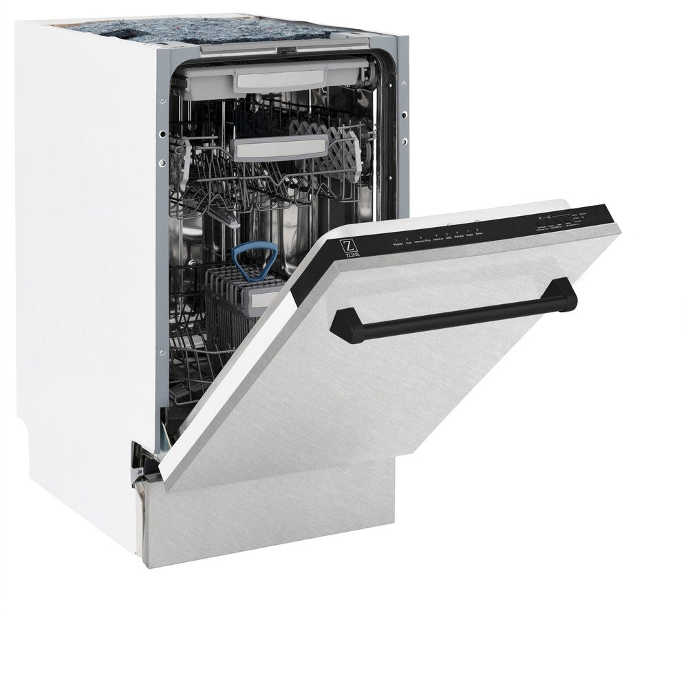 ZLINE Autograph Edition 18-inch Built-In Dishwasher - Tallac Series with 3rd Rack, Top Control Panel, Satin Stainless Steel Finish & Matte Black Handle - Ultra Quiet 51dBa - Perfect for Modern Kitchens, Small Spaces, and Open-Concept Homes (DWVZ SN 18 MB)
