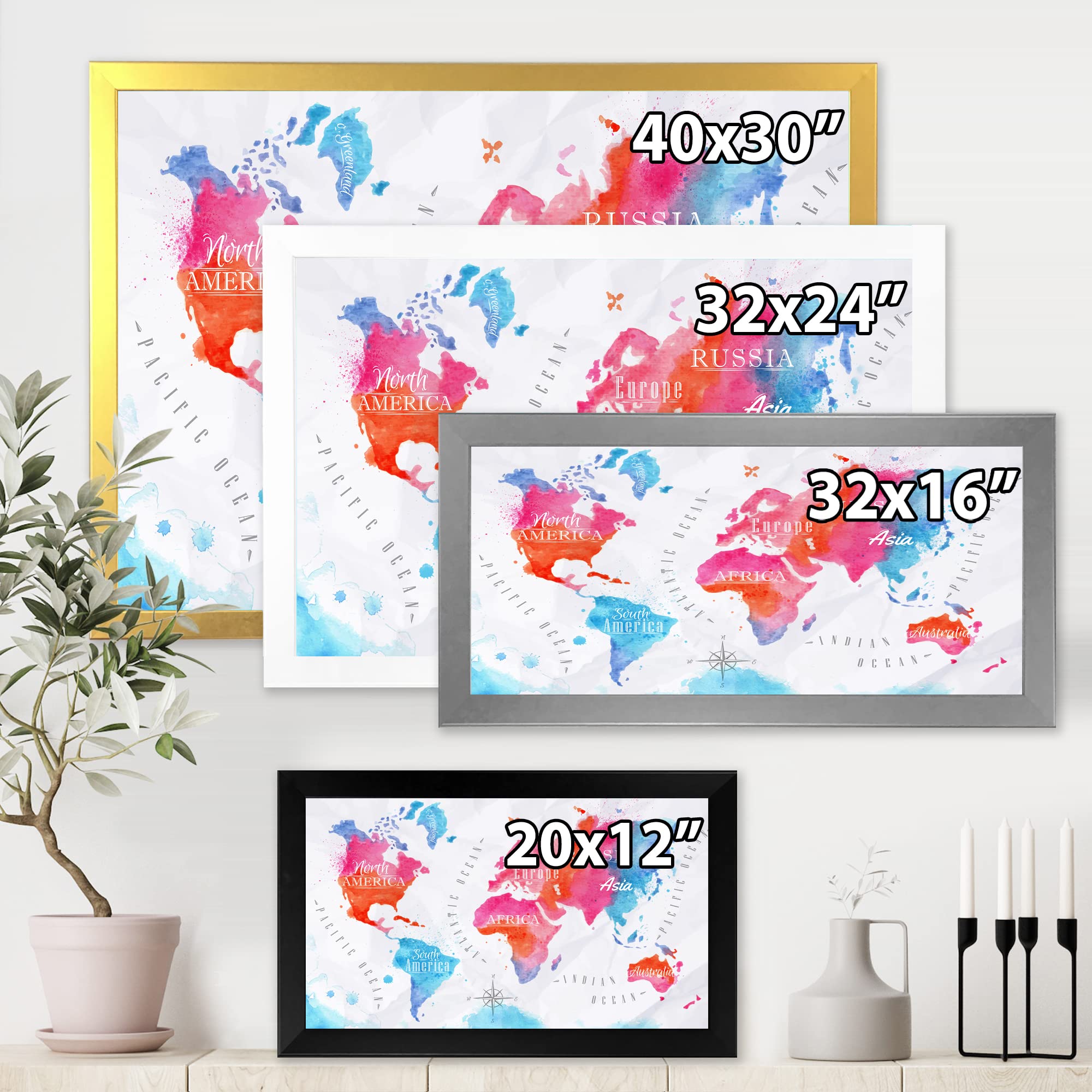 Modern Pink and Blue Framed World Map Wall Art - Perfect for Home, Office & Classroom Decor