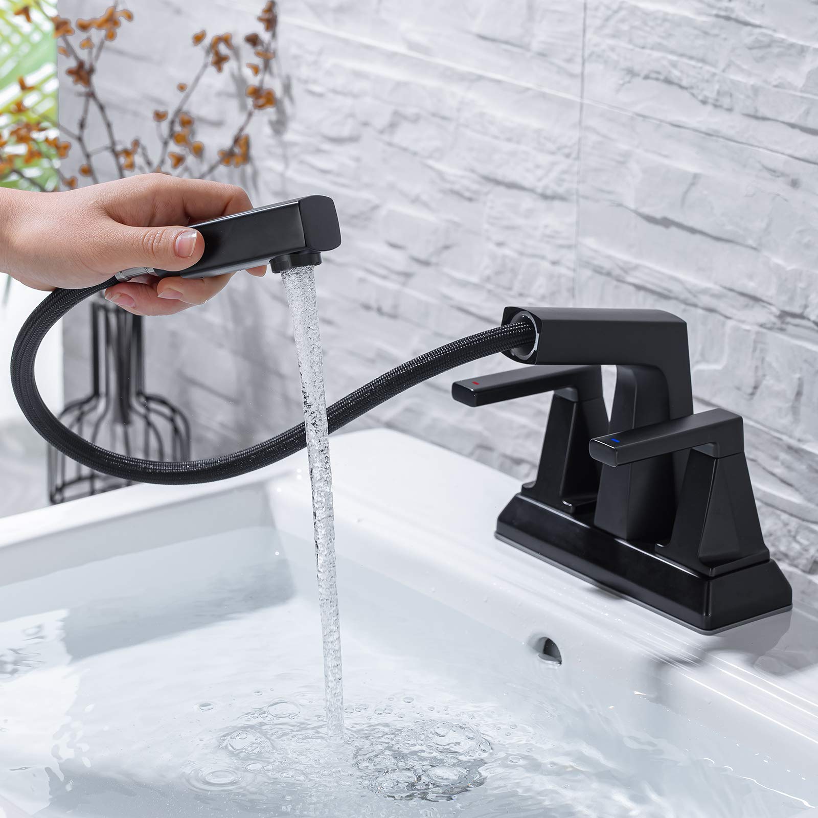 KAIYING 2-Handle Centerset Bathroom Sink Faucet - Black Modern 3-Hole Vanity Faucet with Pull-Out Sprayer, 4