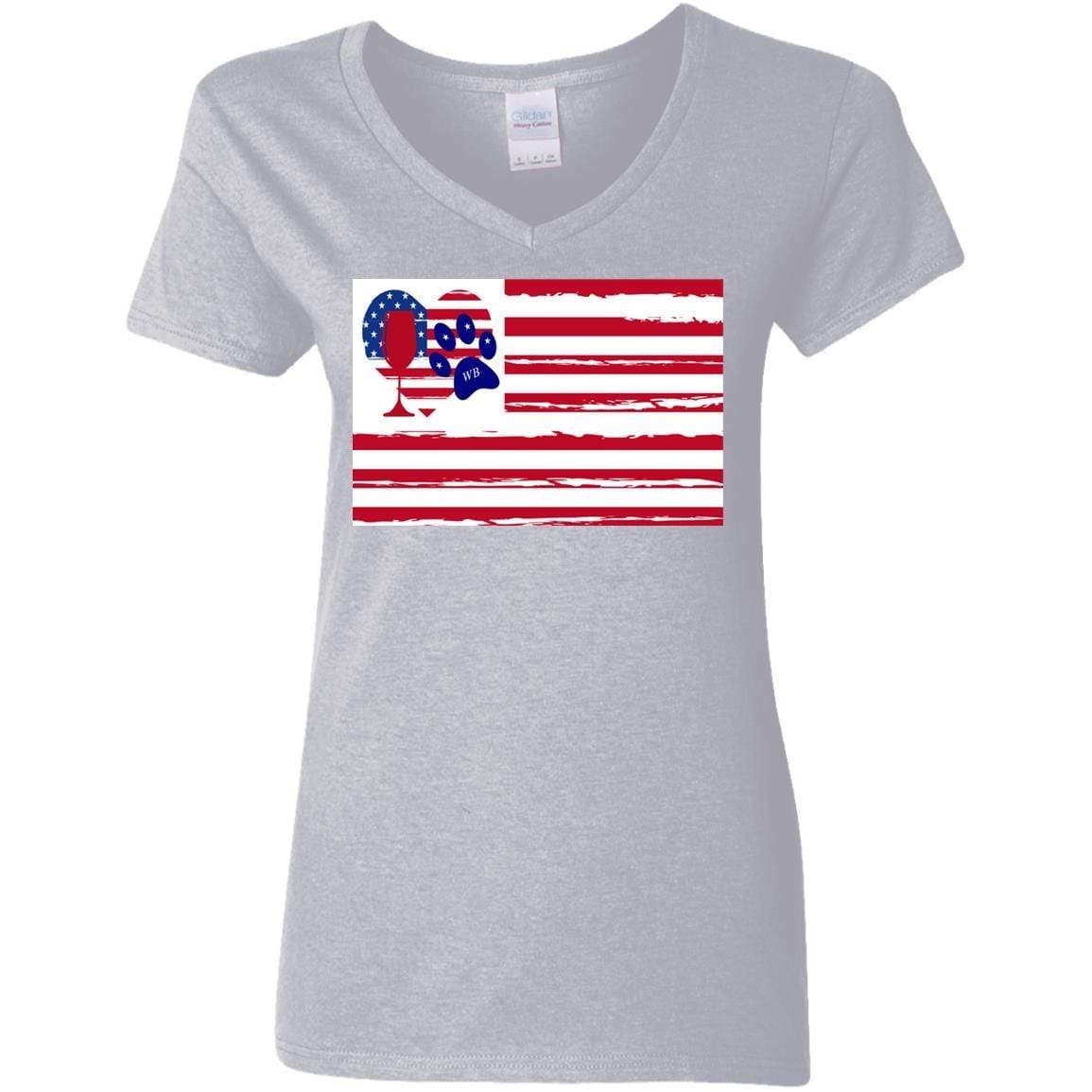 American Flag Wine Paw Heart V-Neck T-Shirt for Women - 5.3 oz Soft Cotton Ladies Tee - Perfect for Patriotic Events, Wine Lovers & Pet Owners