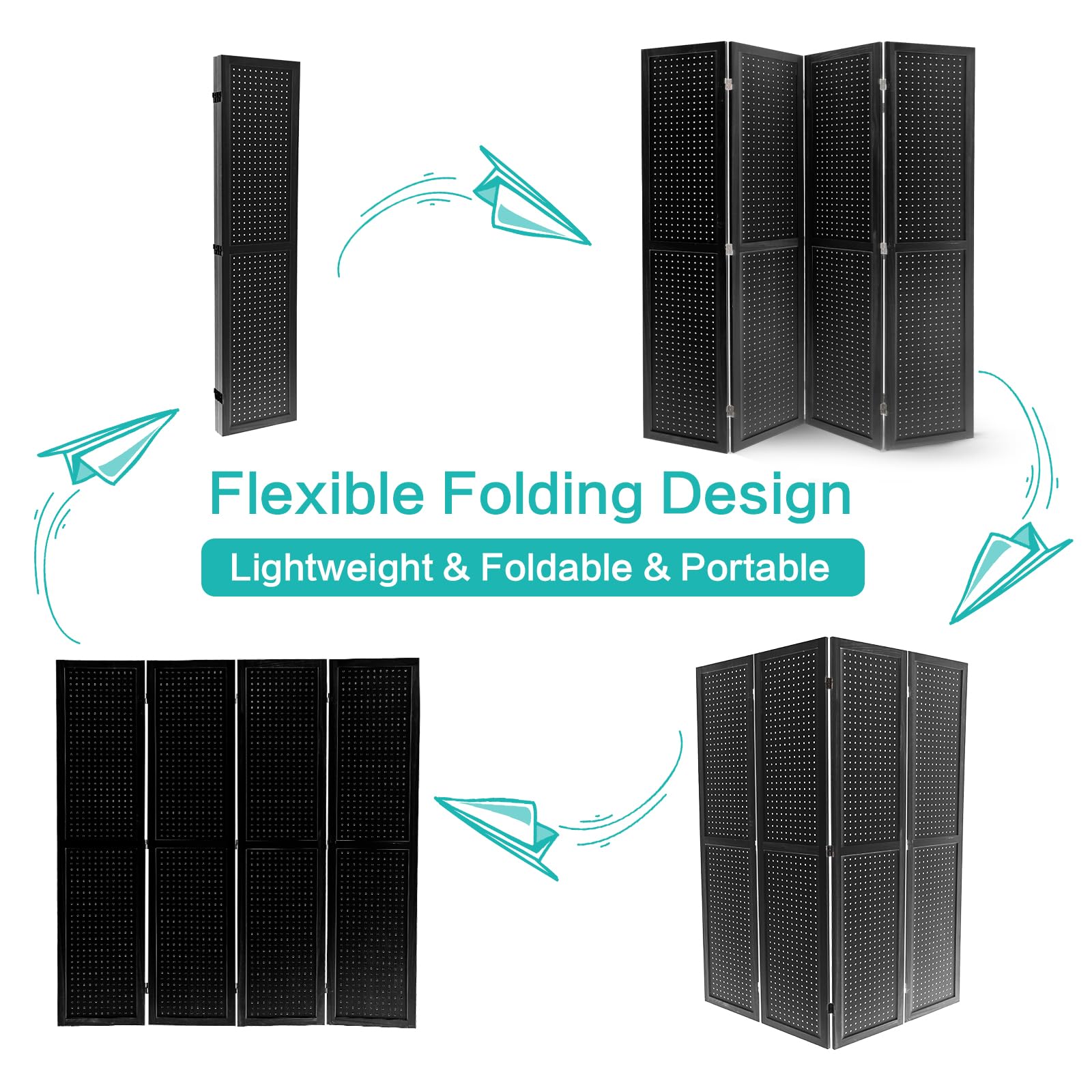 Babion 4-Panel Pegboard Display - Freestanding Folding Room Divider & Privacy Screen for Craft Shows, Trade Shows, and Retail Displays - Black (Ideal for Home Offices, Studios, and Event Booths)