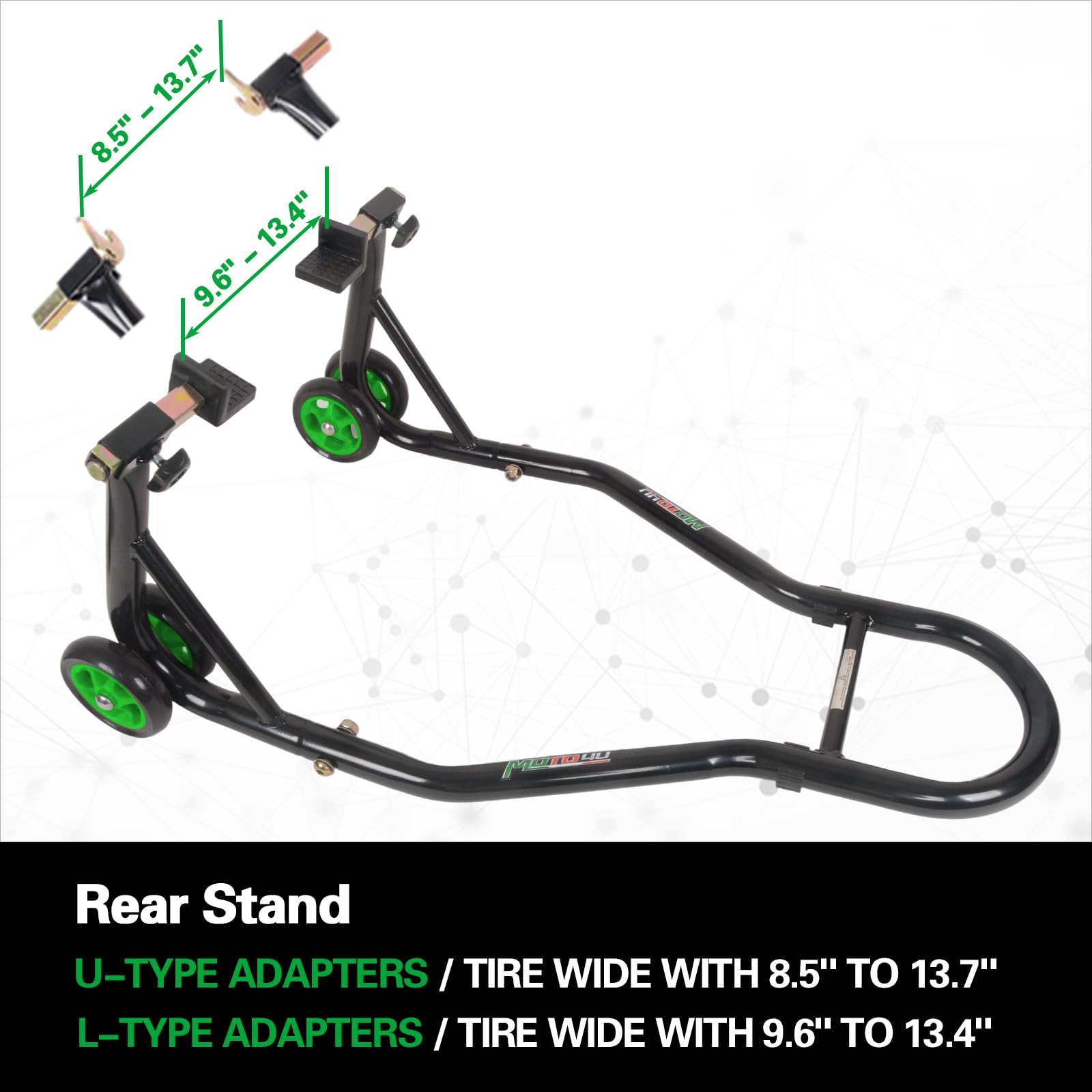 MOTO4U Universal Motorcycle Front & Rear Wheel Lift Stand Combo - Paddock Stand with Swingarm Spool for Sportbikes (Green Wheel) - Perfect for Garage Maintenance, Tire Changes & Bike Storage