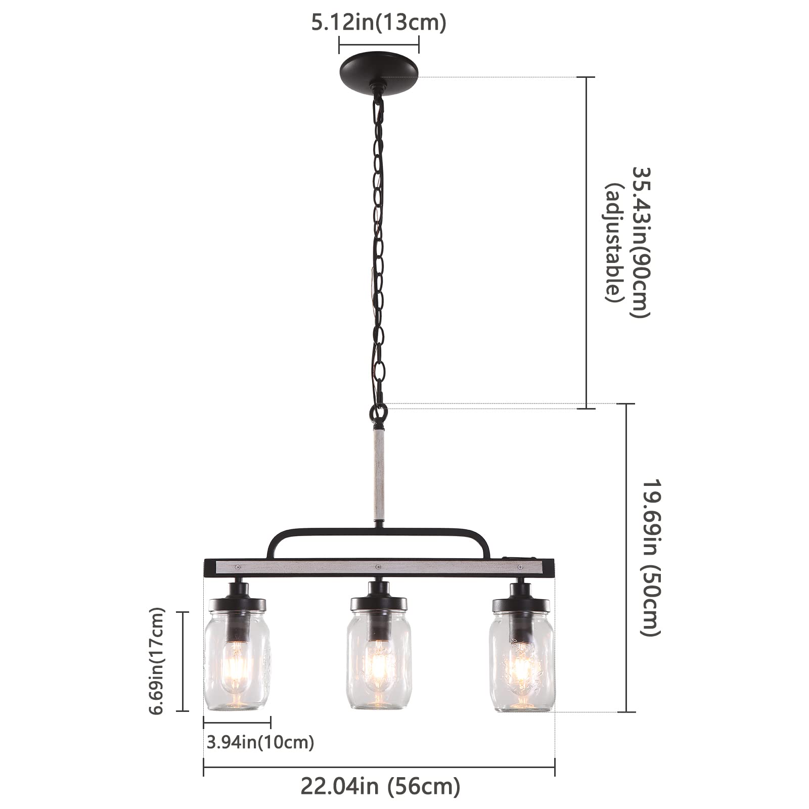 Farmhouse Kitchen Island Lighting - 3-Light Mason Jar Chandelier with Glass Shades, Rustic Pendant Light for Dining Room & Kitchen | Perfect for Farmhouse Decor, Country Style Kitchens & Cozy Dining Areas