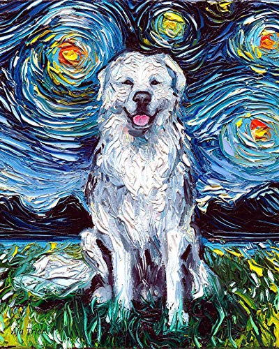 Starry Night Van Gogh Art Print - Great Pyrenees White Dog Painting | Aja Colorful Wall Decor | Canvas or Paper Poster for Living Room, Bedroom & Office