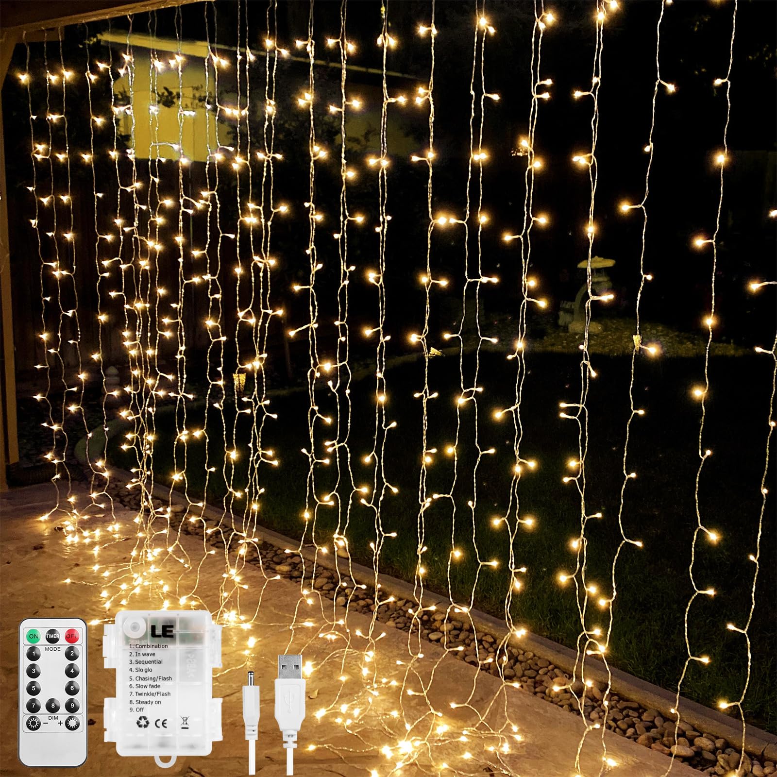 LE Fairy Curtain Lights - 300 LED Battery & USB Powered String Lights with Remote, 10x10ft Indoor/Outdoor Hanging Lights for Bedroom, Wedding, Party Backdrop, Tent, Patio & Gazebo - Perfect for Romantic Ambiance, Holiday Decorations and Outdoor Entertaining