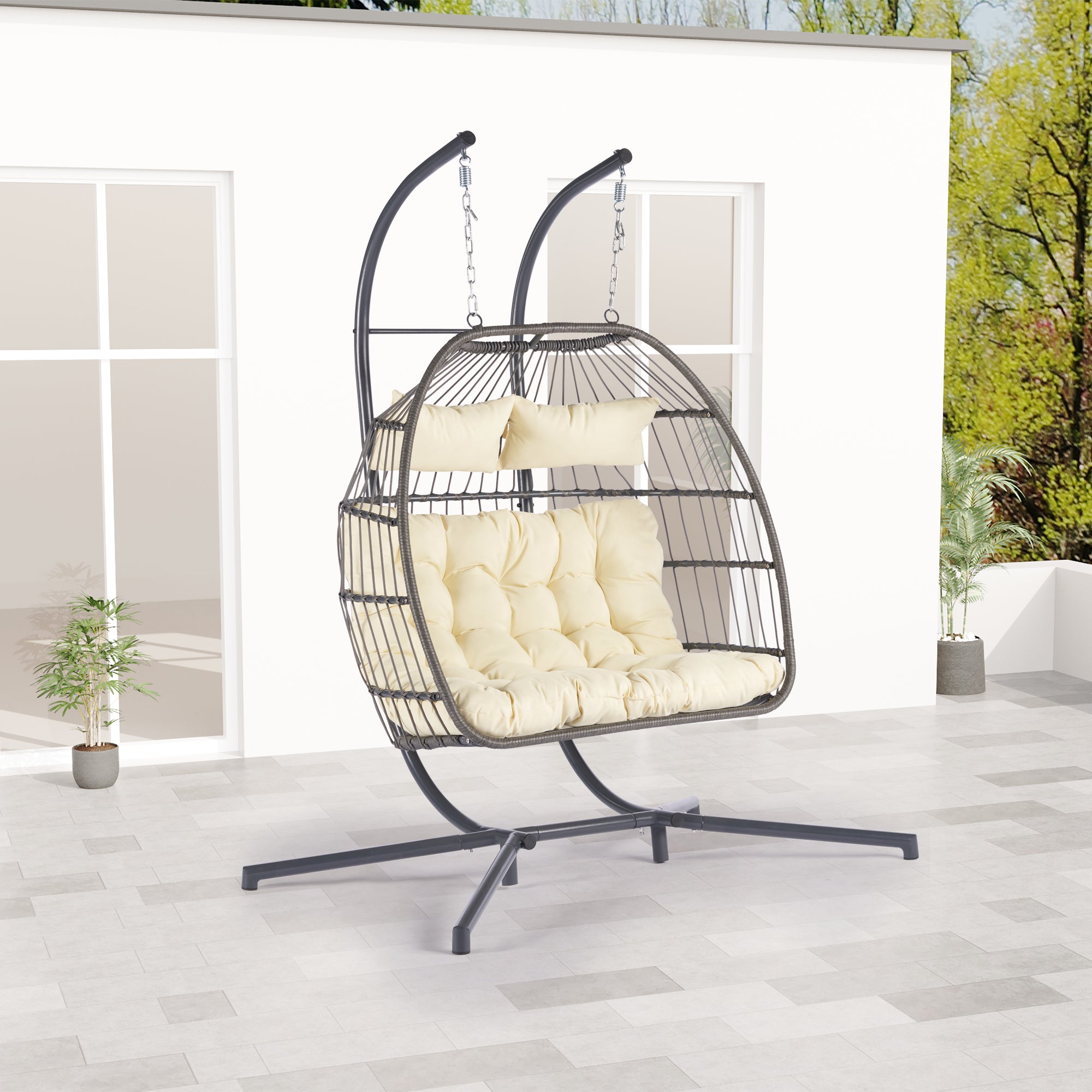 2 Person Outdoor Rattan Hanging Chair - Patio Wicker Egg Chair for Backyard, Garden, or Balcony Relaxation