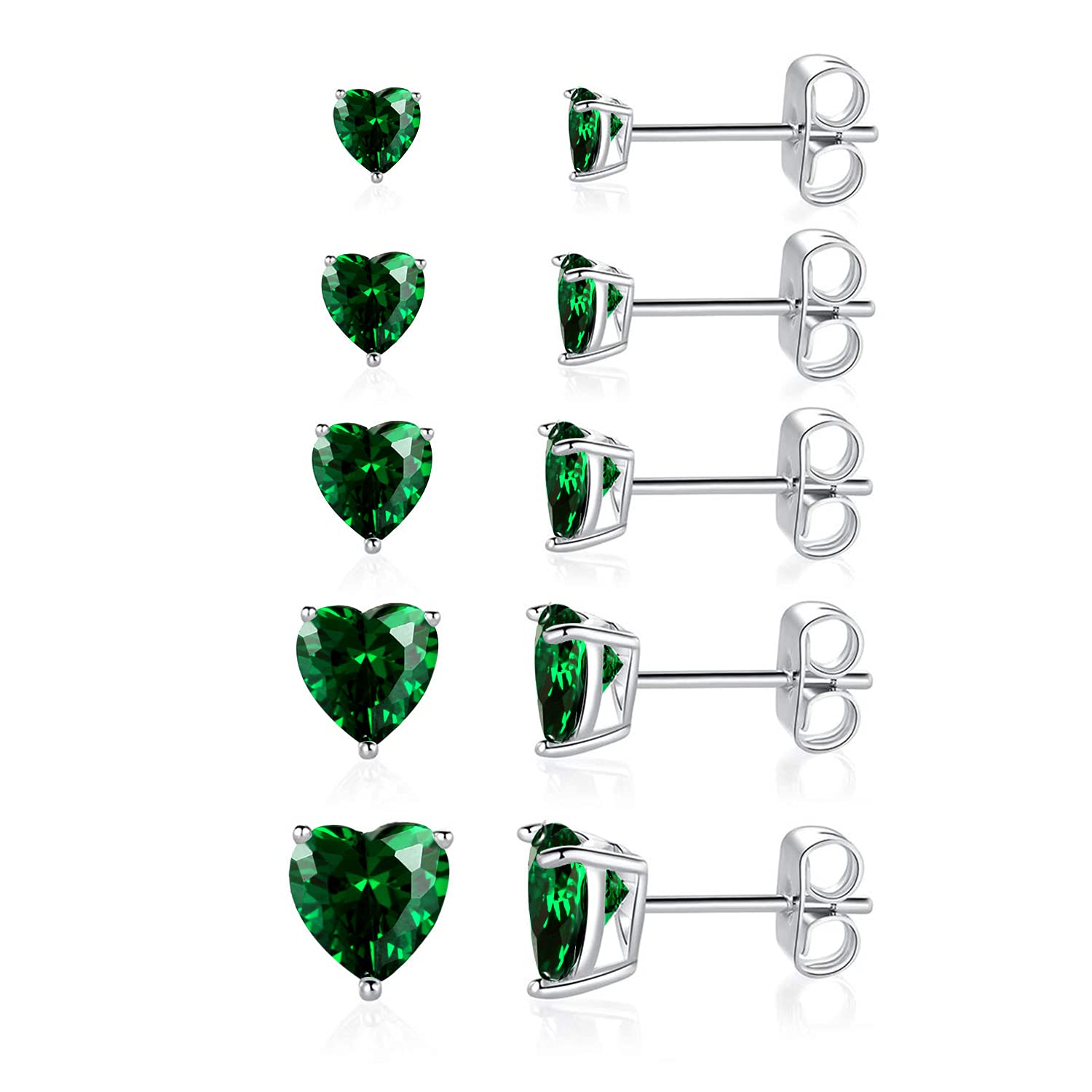 18K White Gold Plated Heart-Shaped Cubic Zirconia Birthstone Stud Earrings - Pack of 5 Pairs - Perfect for Valentine's Day, Anniversary Gifts & Everyday Elegance