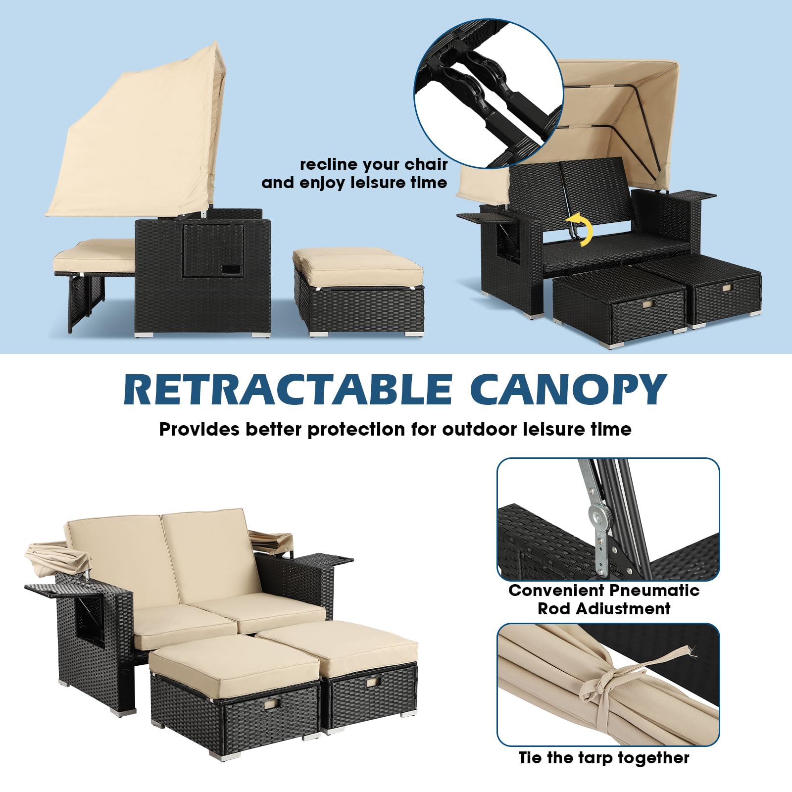 LEISU Outdoor Patio Furniture Sunbed with Retractable Canopy - PE Wicker Rattan Rectangle Sectional Sofa Set with Washable Cushions - Perfect for Garden, Backyard, Poolside & Patio Relaxation (Khaki)