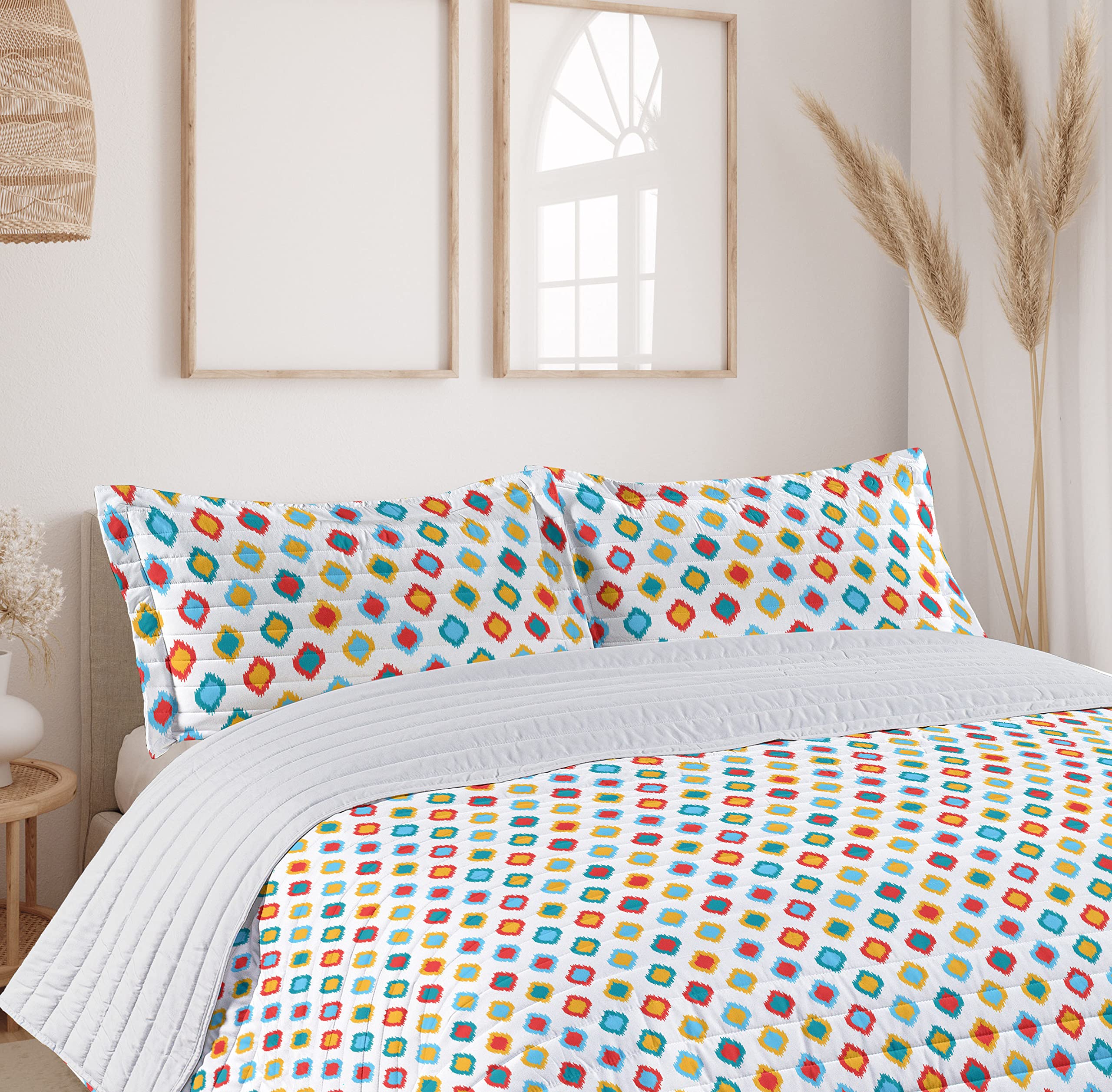 Lunarable Ikat Microfiber Bedspread Set - Queen Size Soft Bedding with Pillow Shams & Comforter, Traditional Oriental Ikat Patterns in Yellow White Blue - Perfect for Boho Chic Bedroom Decor, Guest Room Makeover, and Cozy Home Styling