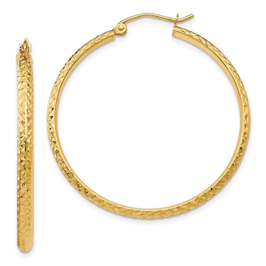 14K Yellow Gold Diamond-Cut Hollow Hoop Earrings for Women - 2.8x37mm Lightweight Dangle Hoops - Perfect for Everyday Wear, Parties & Special Occasions