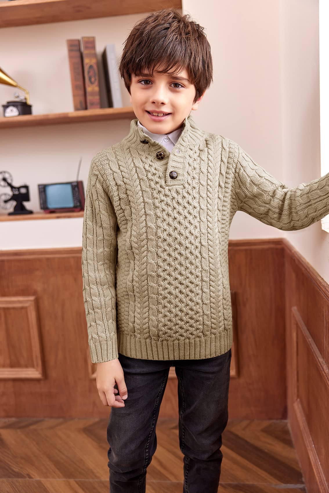 Makkrom Boys' Mock Neck Pullover Sweater - Long Sleeve Cable Knit Button Jumper for Kids - Warm Winter Outfit for School & Outdoor Activities