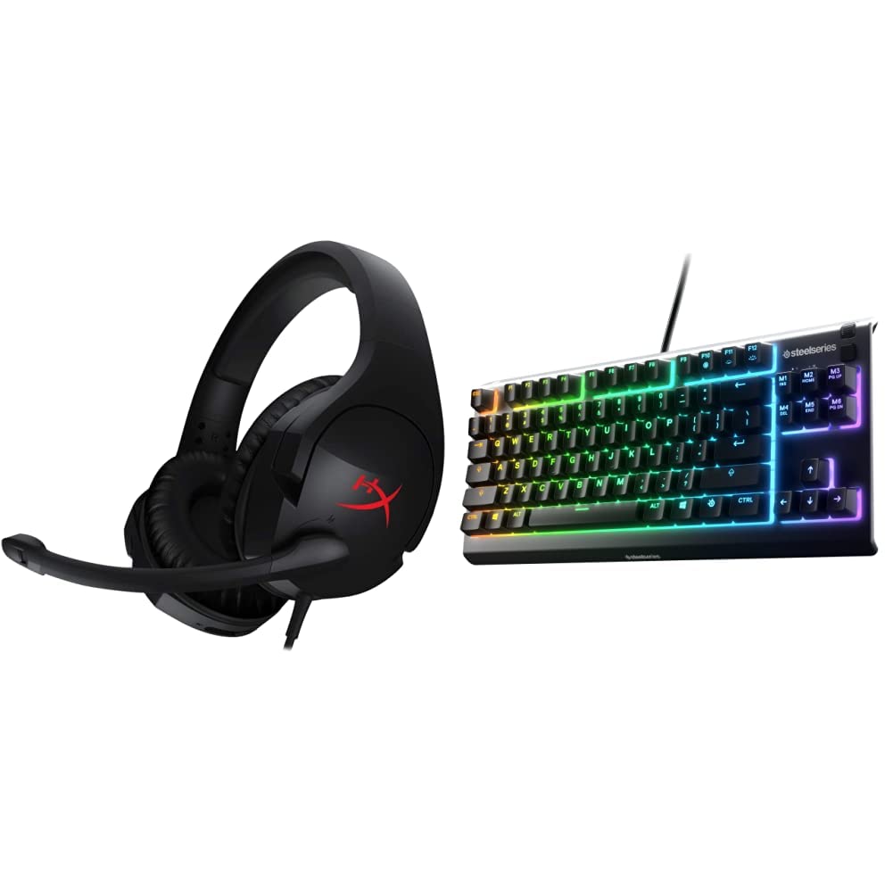 HyperX Cloud Stinger Gaming Headset - Lightweight Comfort, 50mm Drivers, Noise-Canceling Mic - Black | SteelSeries Apex 3 TKL RGB Gaming Keyboard - Tenkeyless Compact Design, 8-Zone RGB Lighting, IP32 Water & Dust Resistant - Perfect for PC, PS4, Xbox Gaming & Streaming
