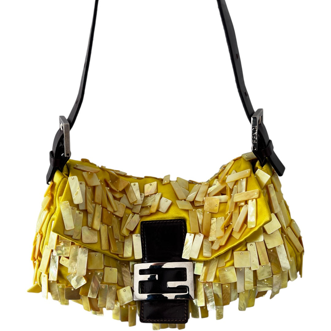 Vintage Fendi Lemon Satin Mother of Pearl Baguette Bag - Luxury Designer Crossbody Purse for Women, Perfect for Parties, Weddings & Evening Events