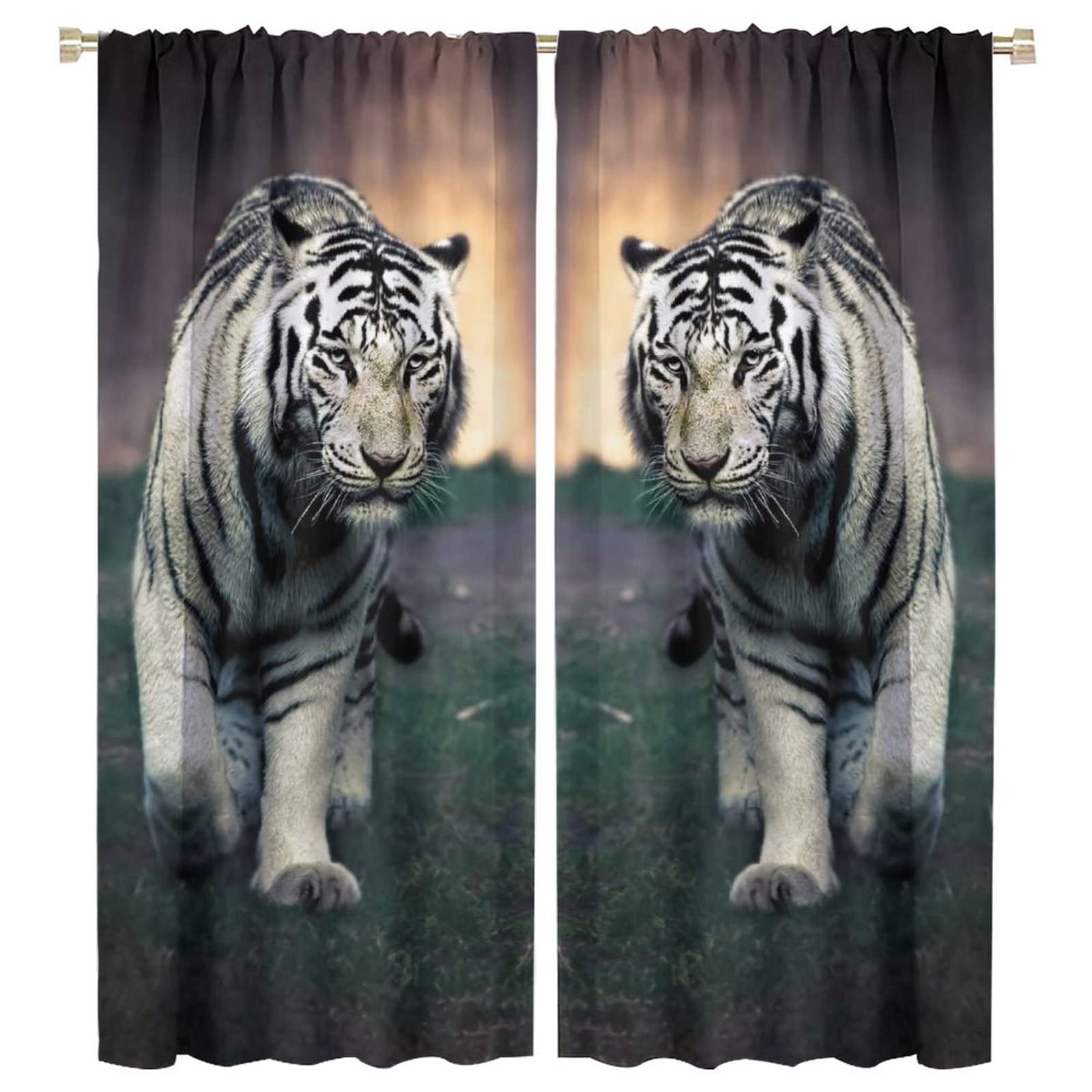 Denruny Cool Tiger Blackout Curtains - King of The Forest White Tiger Design, Thermal Insulated Rod Pocket Window Drapes for Bedroom (Set of 2 Panels, 55x63 Inches) - Perfect for Home Theater, Nursery & Light-Sensitive Sleepers