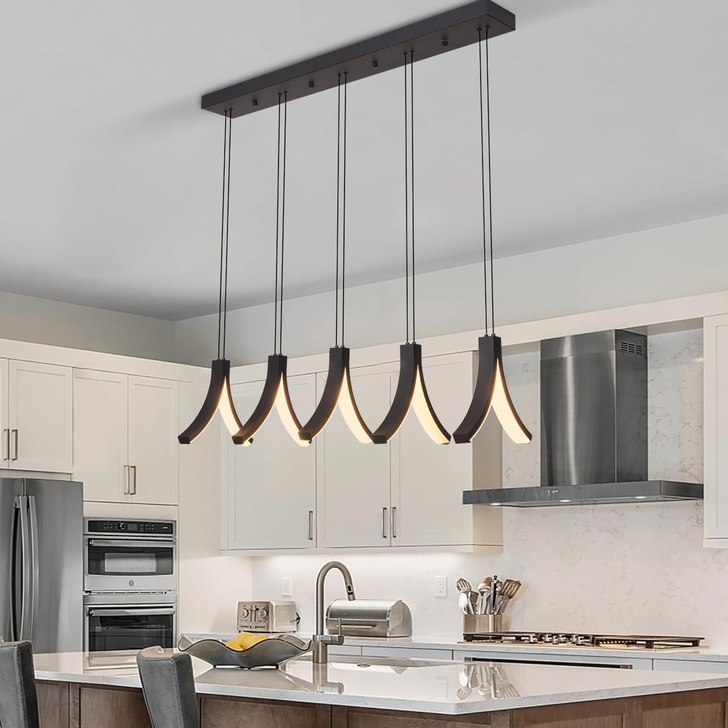 Modern 5-Light Linear Pendant Light Fixture - Dimmable LED Black Hanging Light for Kitchen Island, Dining Room & Living Room | 3000K Warm White | Perfect for Contemporary Home Decor & Restaurant Lighting