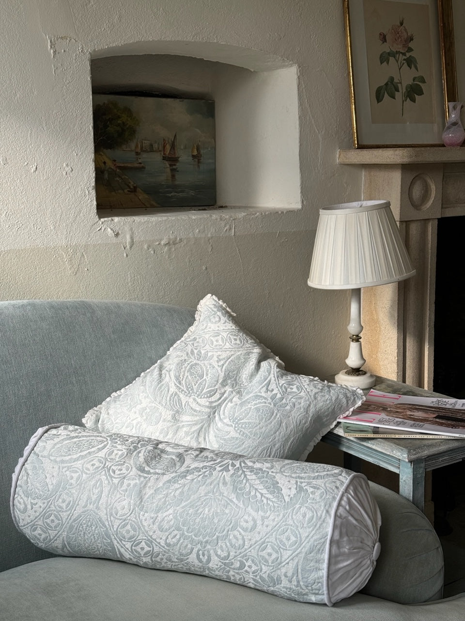 Elegant Pale Blue Damask Bolster Pillow - Luxury Home Decor for Sofa, Bed & Nursery - Perfect for Reading, Lounging & Nursery Decor