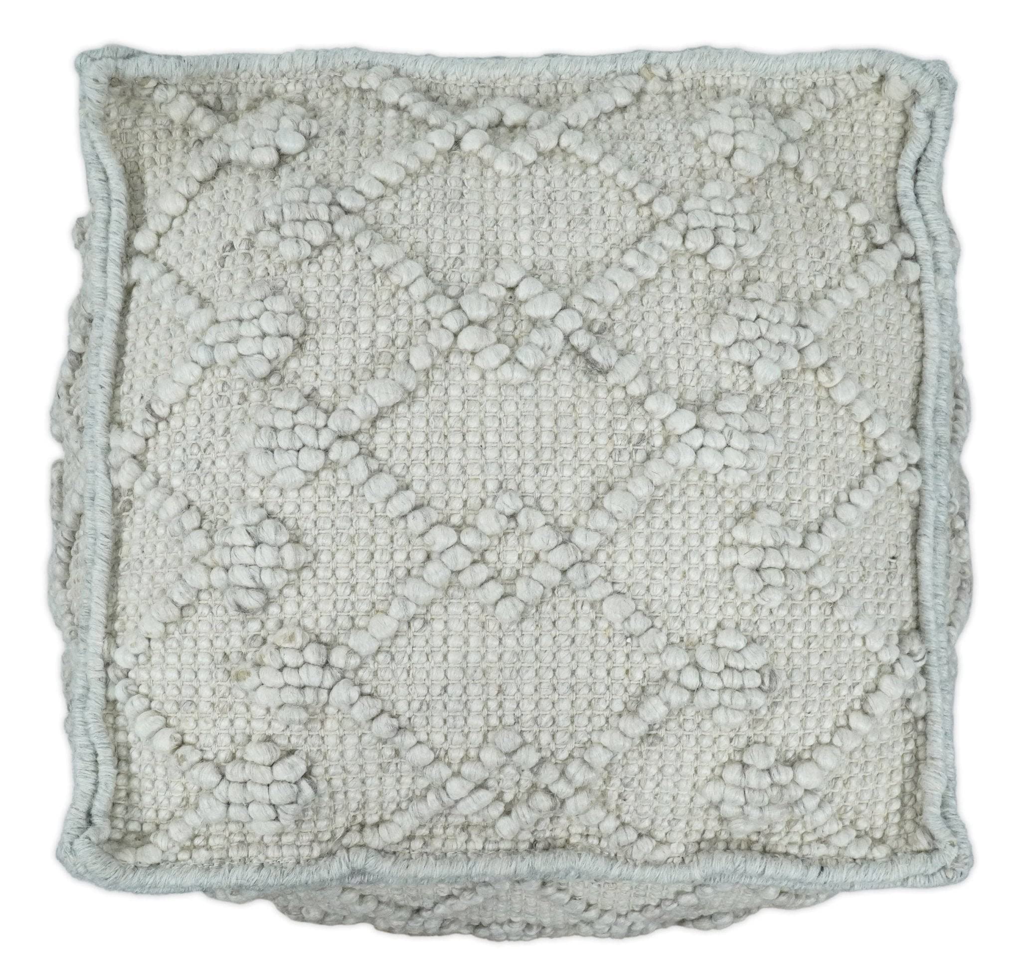 Boho Handwoven White Sand Pouf Ottoman - Wool Blend Tribal Design Footstool for Living Room, Couch Companion, Side Table & Cozy Home Decor