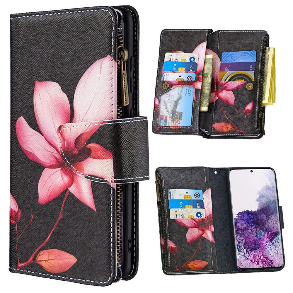 XYX Wallet Case for Samsung Galaxy A22 5G - PU Leather Flip Cover with Zipper, 9 Card Slots & Wrist Strap (Lotus Design) - Perfect for Daily Use, Travel, and Secure Phone Protection