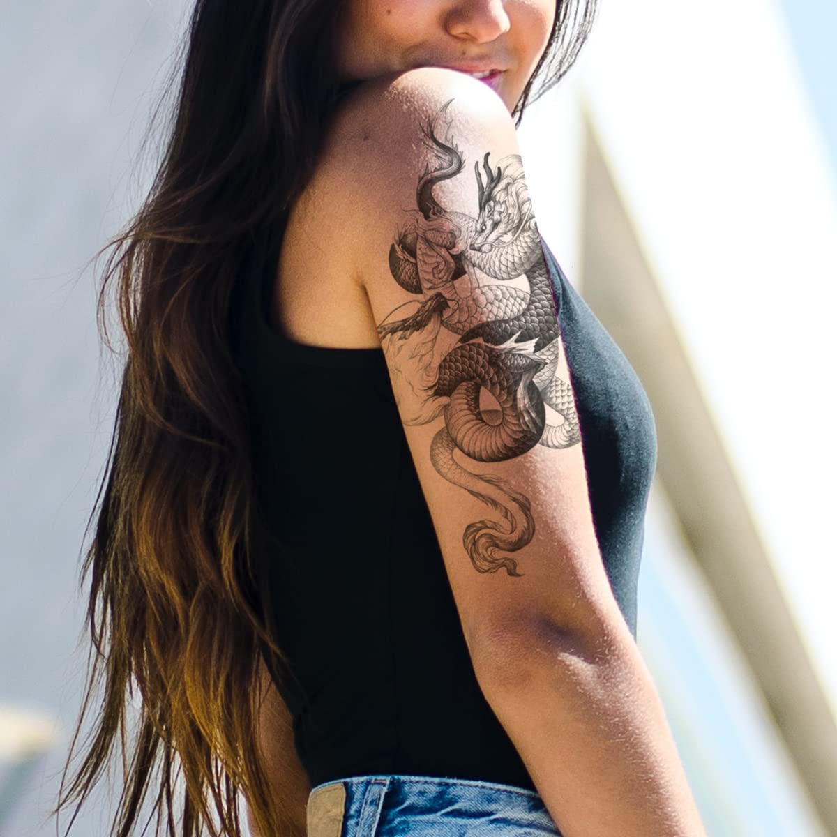 Waterproof Fake Tattoos - 8 Sheets Temporary Body Art with Dragon, Snake, Cross & Rose Designs for Arms & Legs | Perfect for Halloween, Cosplay & Festival Costumes