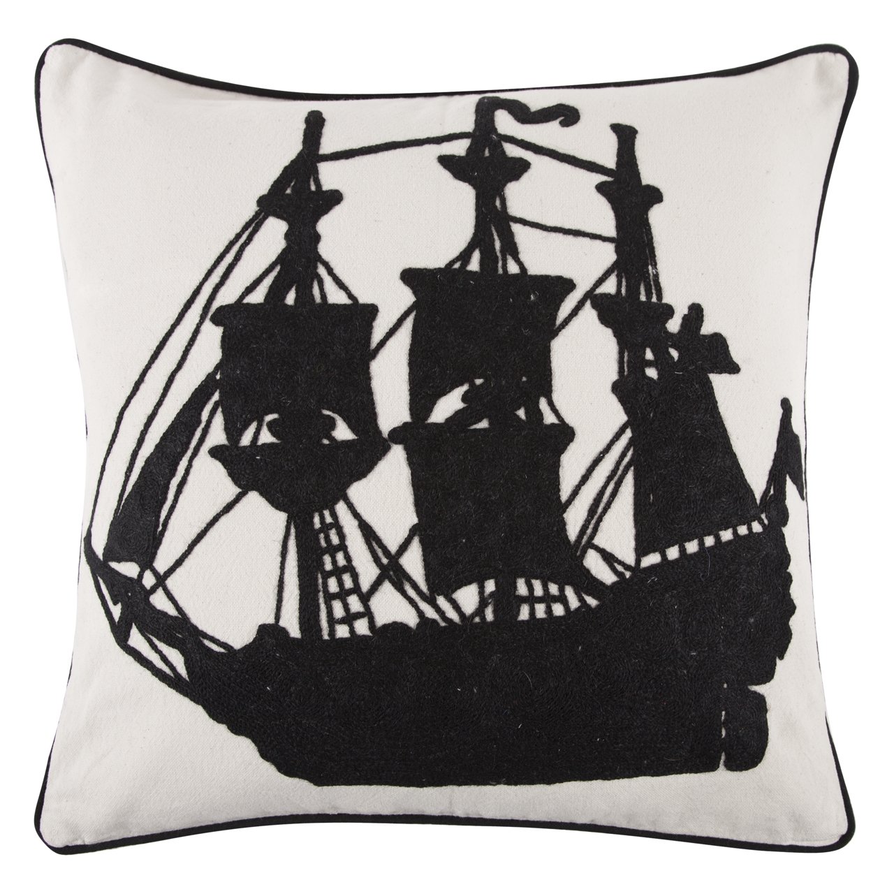 Thomas Paul Ship Crewel Throw Pillow 22x22 Inches - Nautical Decor for Living Room, Bedroom, or Boat Cabin - Handmade Embroidered Cotton Cushion Cover with Vintage Sailing Ship Design