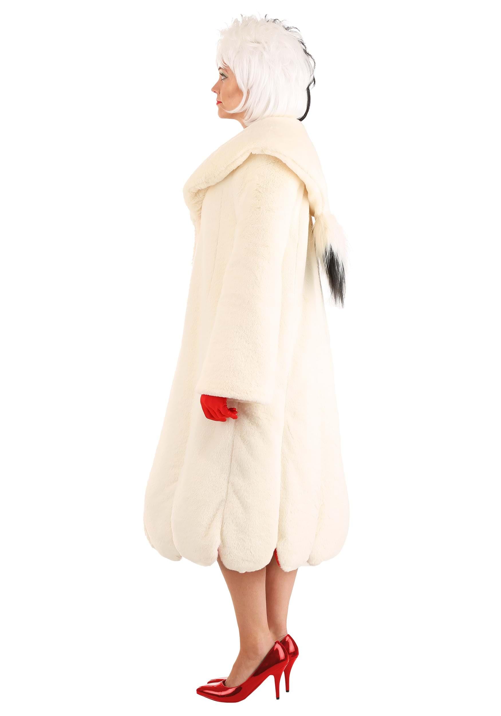 Disney 101 Dalmatians Cruella De Vil Costume for Women - Black Dress with White Faux Fur Coat | Halloween, Cosplay, Themed Parties, Movie Nights | Perfect for Disney Fans, Villain Costume Lovers and Dress-Up Events