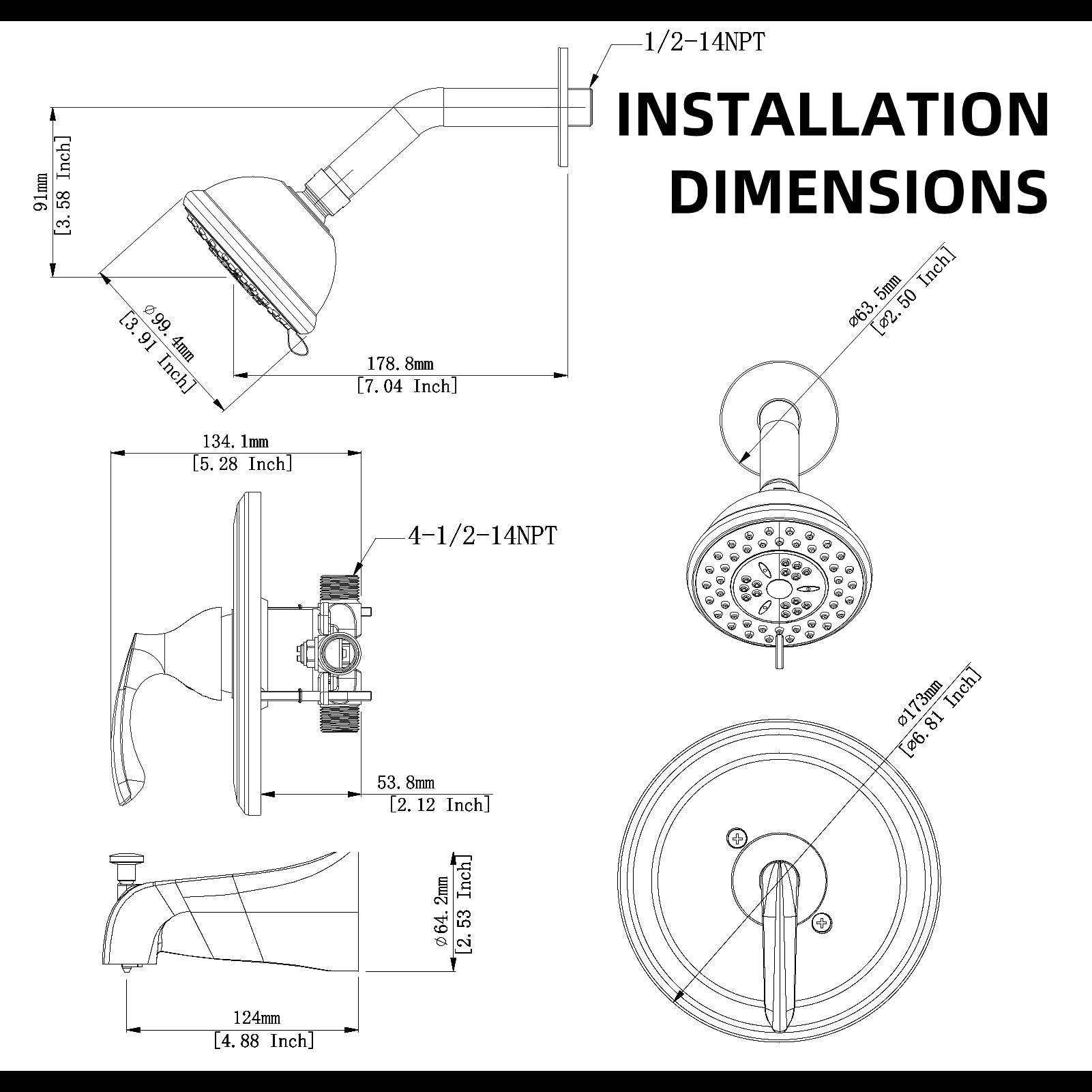 NEWATER Dual Function Shower Faucet Set with Tub Spout - Pressure Balancing Shower Trim Kit (Includes Rough-in Valve) - Brushed Nickel Wall Mounted Single Handle Bathroom Fixture for Modern Home & Spa Experience