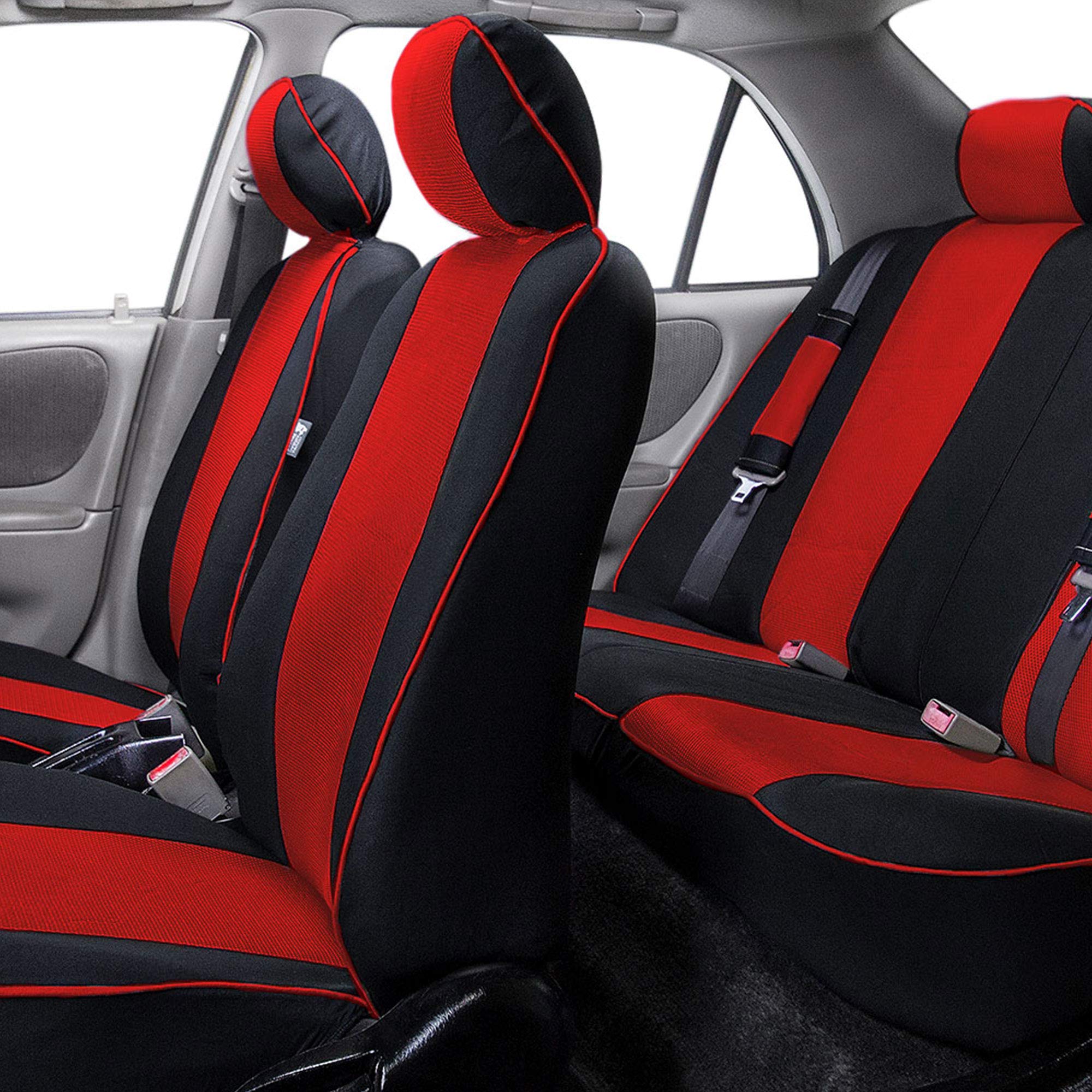 FH Group Universal Car Seat Covers Full Set - Red Cloth with Edgy Piping Design, Airbag Compatible & Split Rear for Cars, Trucks, SUVs | Durable Interior Accessories for Daily Commute, Road Trips & Family Protection