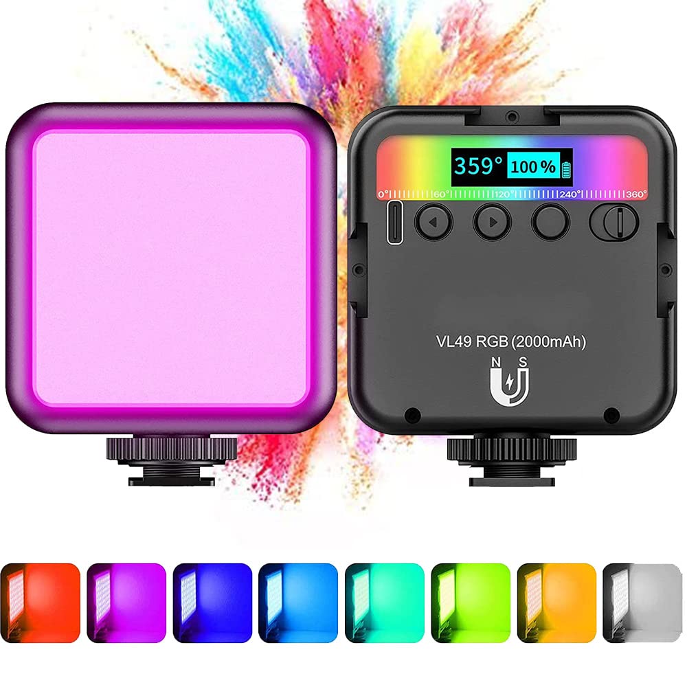 RGB LED Video Light - Mini LED Camera Light with 3 Cold Shoe Mounts & Magnetic Adsorption | 2500K-9500K Adjustable Color Temperature & Brightness | Portable Photography Lighting for YouTube, TikTok, Live Streaming & Vlogging