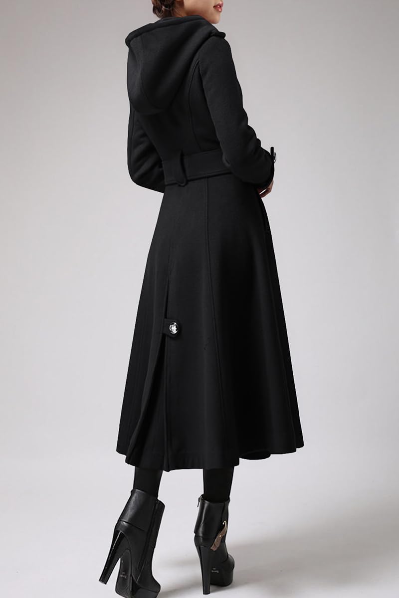 Cicy Bell Women's Long Double-Breasted Hooded Winter Wool Trench Coat with Belt - Warm Outerwear for Cold Weather, Office & Casual Wear