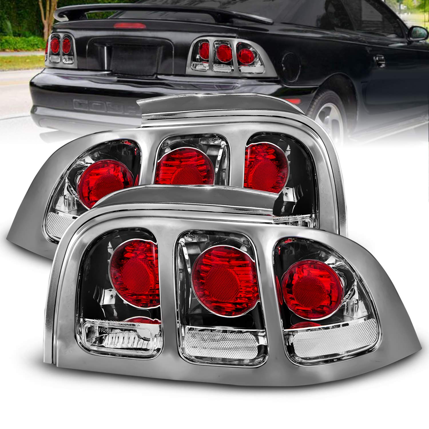 1994-1998 Ford Mustang Clear Chrome Taillights Replacement Set - Pair for Passenger & Driver Side | Enhances Visibility & Style for Night Driving & Car Shows