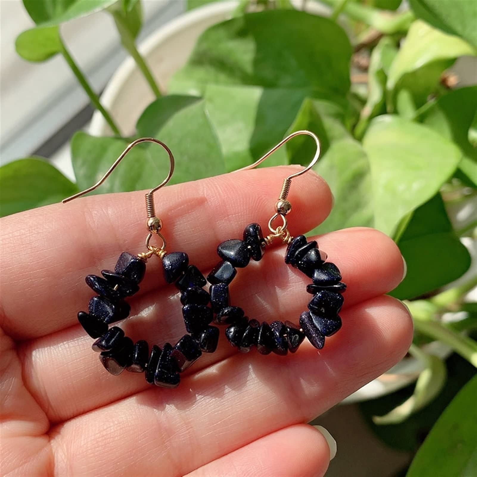 Natural Crystal Earrings - Amethyst Pink Quartz Dangle Earrings with Flower Circle Stone Tassel | Blue Goldstone Metal | Boho Chic Jewelry for Women | Perfect for Parties, Weddings & Everyday Wear