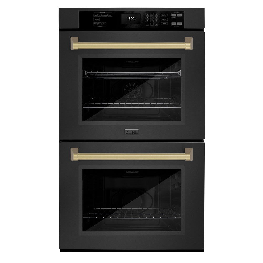 ZLINE Autograph Edition 30-inch Black Stainless Steel Professional Double Wall Oven with True Convection, Air Fry & Self-Clean - Champagne Bronze Handles (WADBZ 30 CB) | Perfect for Home Chefs & Modern Kitchens