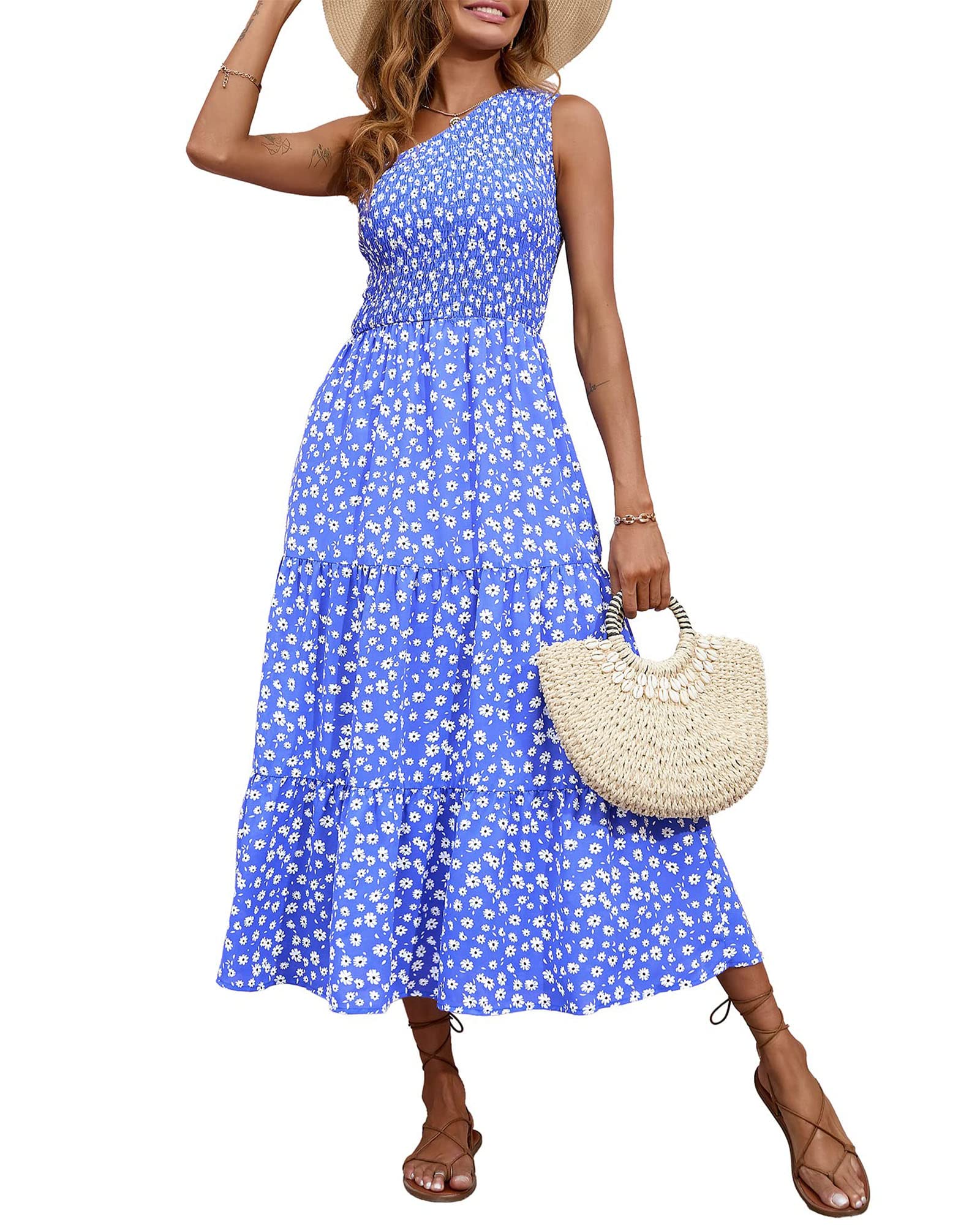 BTFBM Women's One Shoulder Summer Maxi Dress - Floral Boho Beach Dress with High Waist & Smocked Detail | Casual Sleeveless Flowy Dress for Vacations, Weddings & Outdoor Events 2025