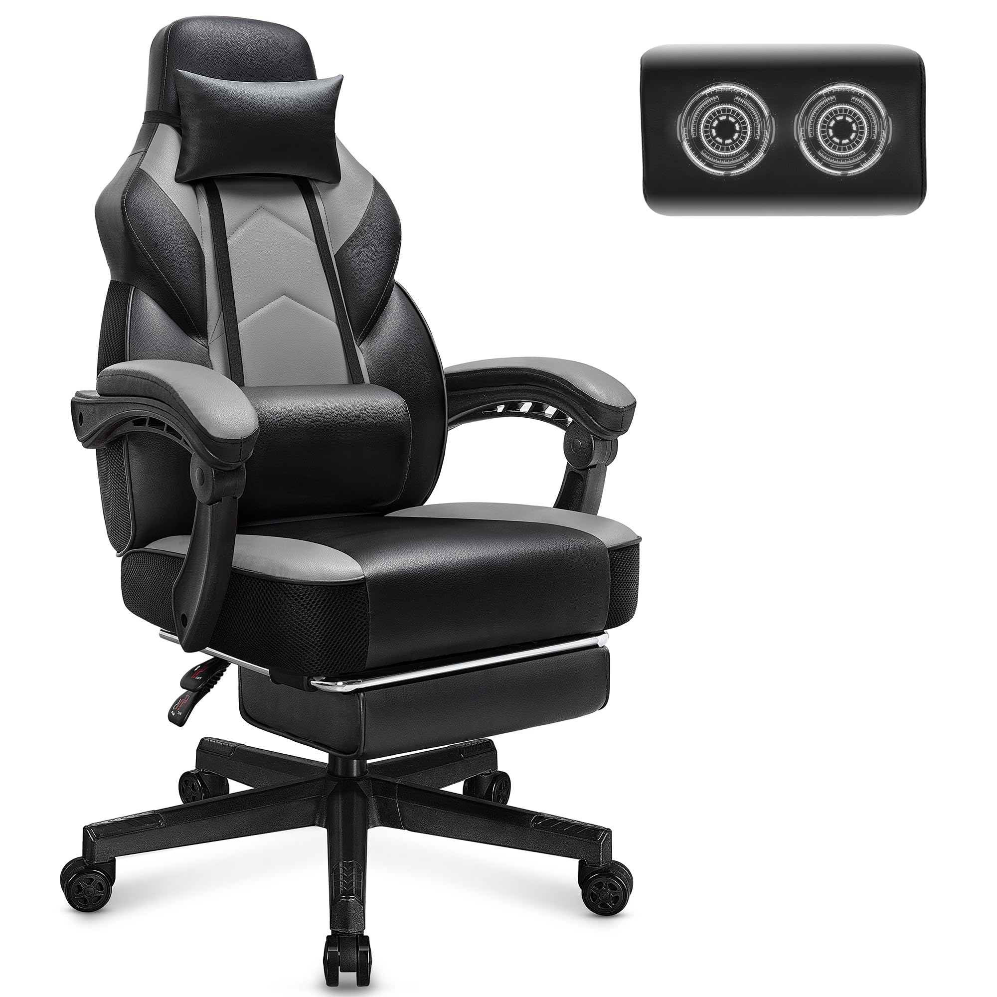 Premium Ergonomic Gaming Chair for Adults - Big and Tall Computer Chair with Adjustable Height, 360° Swivel & Massage Lumbar Support - Includes Footrest for Ultimate Comfort (Grey) - Perfect for PC Gaming, Office Work & Home Entertainment Setup