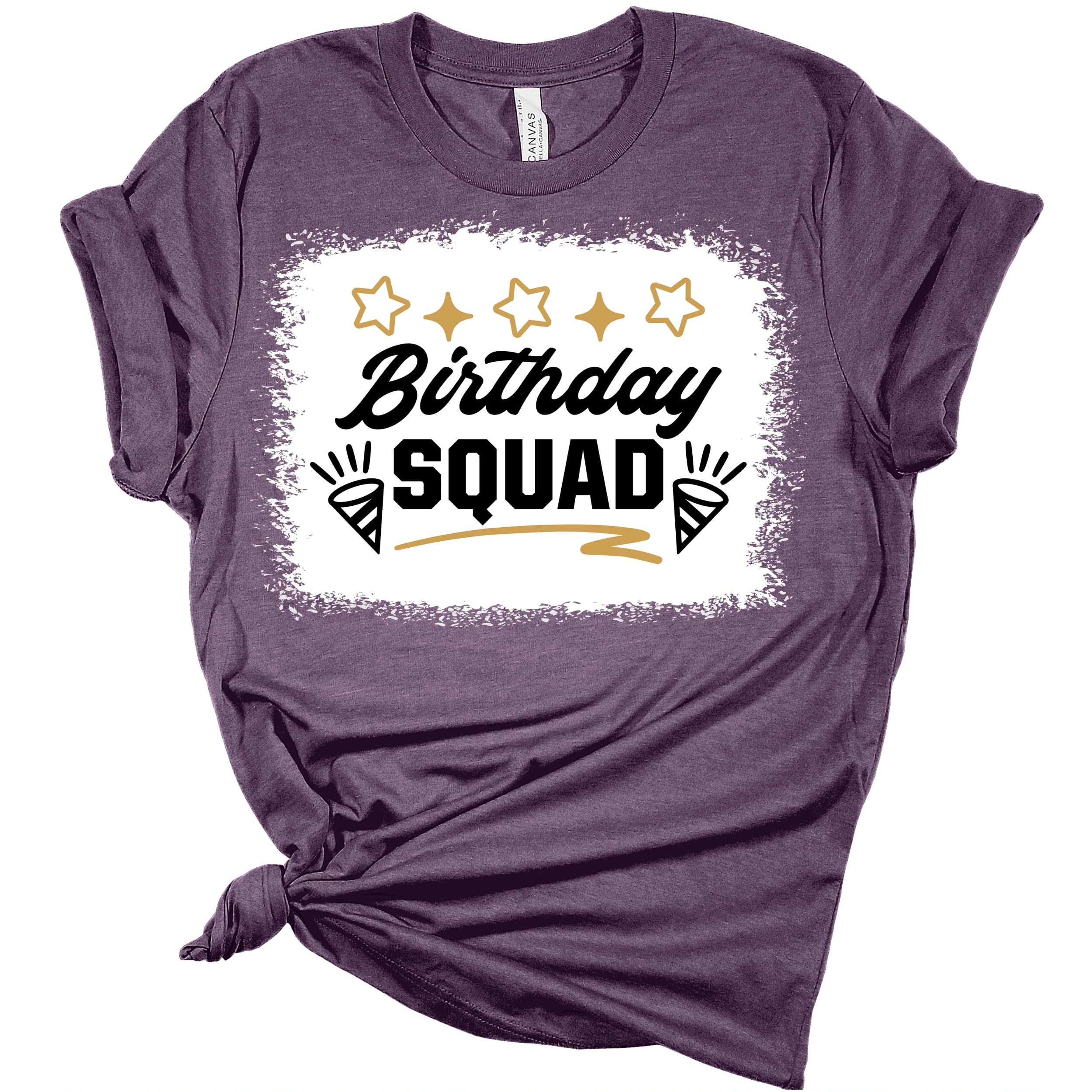 Birthday Squad Graphic Bleach Print T-Shirt for Women | Cute Birthday Party Outfit | Fun Girls' Night Out & Birthday Celebration Apparel