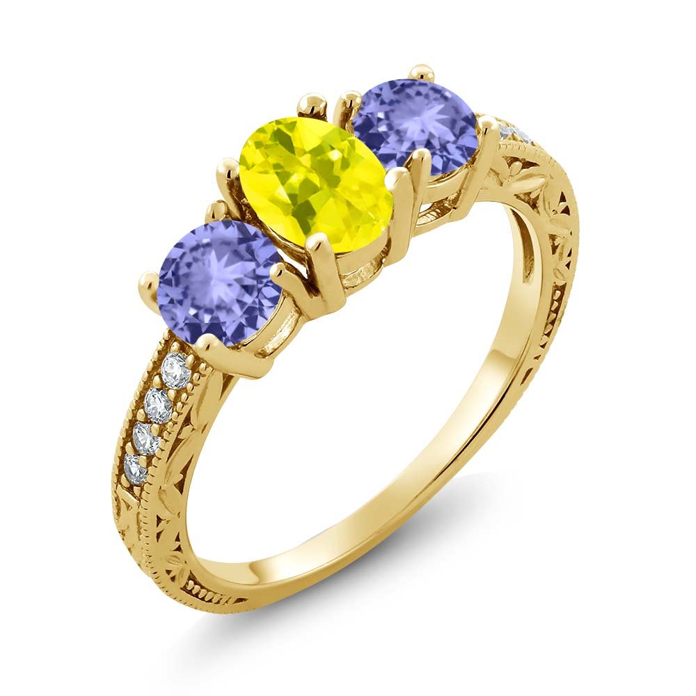 1.84 Ct Canary Mystic Topaz & Blue Tanzanite 18K Yellow Gold Plated Silver Ring for Women | Elegant Gemstone Jewelry Gift for Anniversary, Birthday & Special Occasions