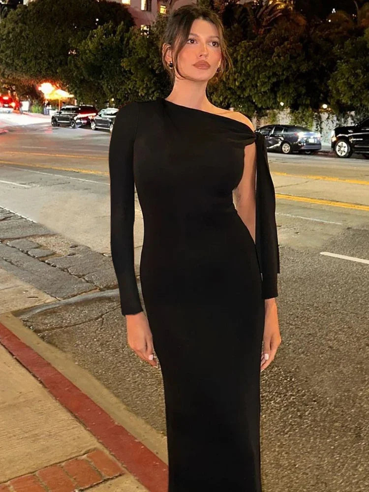 Elegant Asymmetrical Lace-Up One Shoulder Fishtail Maxi Dress for Women | 2024 Fall Fashion Party Gown in Black | Perfect for Evening Galas, Weddings & Formal Events (Style C70 BG41)