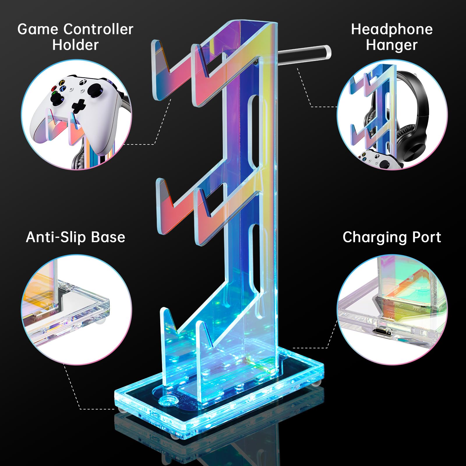 NiHome Iridescent Acrylic Multi-Tier Game Controller & Headset Holder Stand with Customizable LED Lighting - USB-Powered 7 Colors & 3 Modes, Anti-Slip Gaming Desk Organizer & Cable Management (3 Tiers) - Perfect for PS5, Xbox, Switch & PC Gaming Setup Accessories