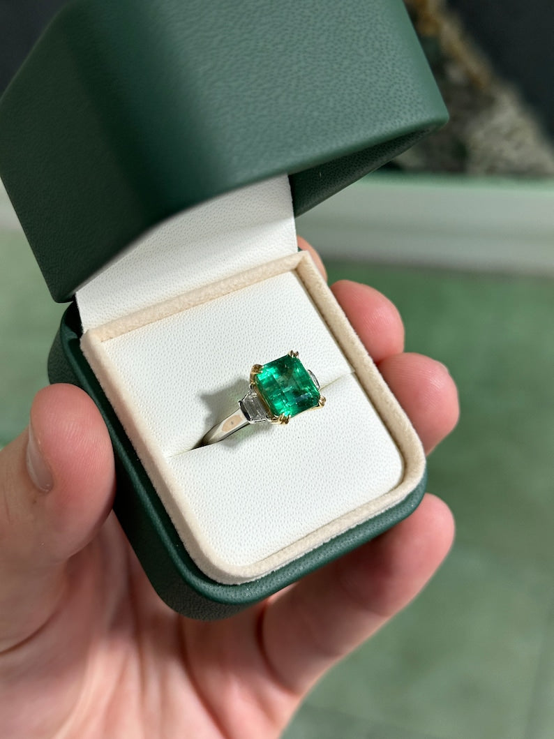 4.85 Carat Total Weight (TCW) 18K Platinum Asscher Cut Emerald & Trapezoid Diamond Statement Ring for Women | Luxury Engagement, Anniversary Gift | Elegant Evening Wear & Special Occasion Jewelry