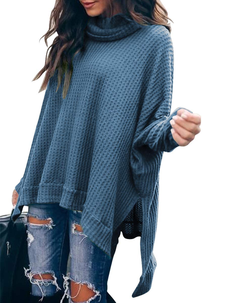Caracilia Women's Oversized Turtleneck Sweater - Batwing Long Sleeve Waffle Knit Pullover with Split Hem | Cozy Winter Tunic Top for Casual Outfits, Office Wear & Holiday Fashion 2024