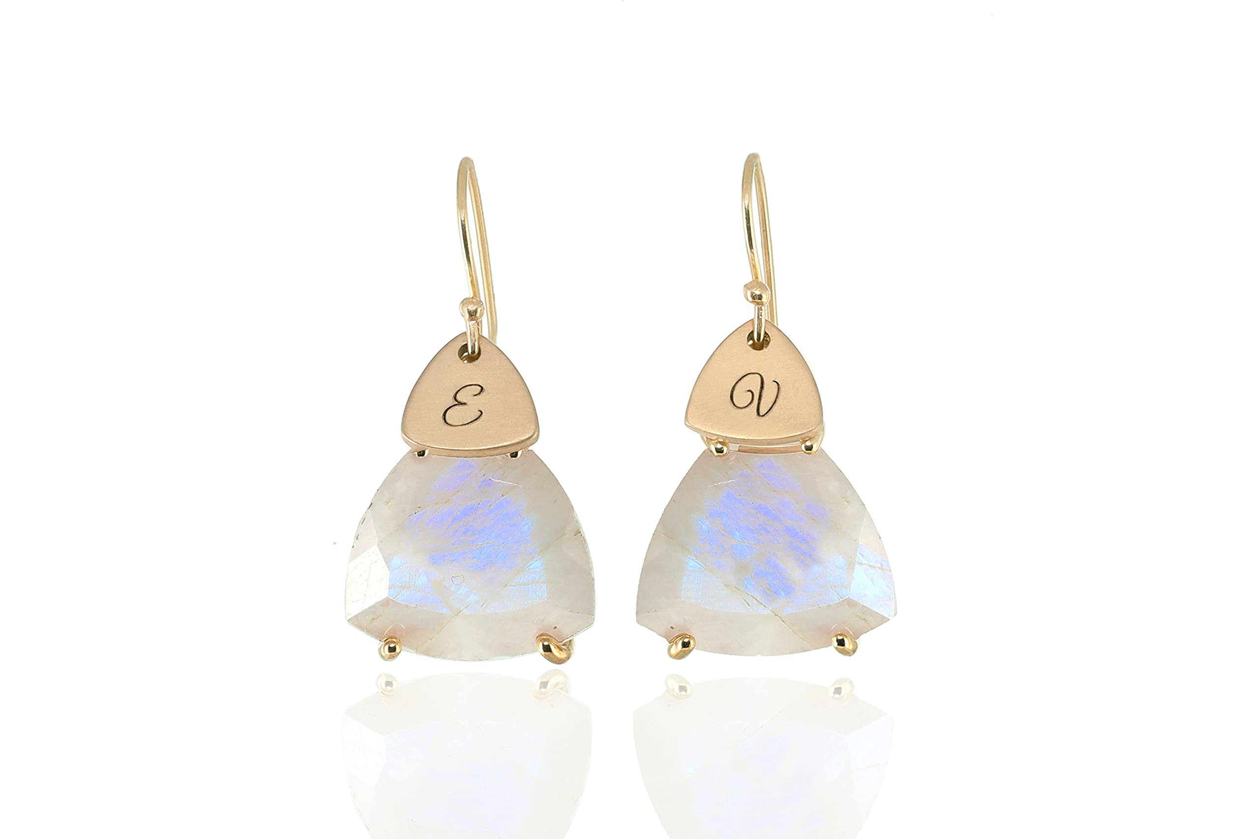 Rainbow Moonstone Coin Engraved Gold Dangle Statement Earrings - Personalized Initial Name Jewelry - June Birthstone Gemstone Gift for Women - Perfect for Weddings, Anniversaries & Special Occasions