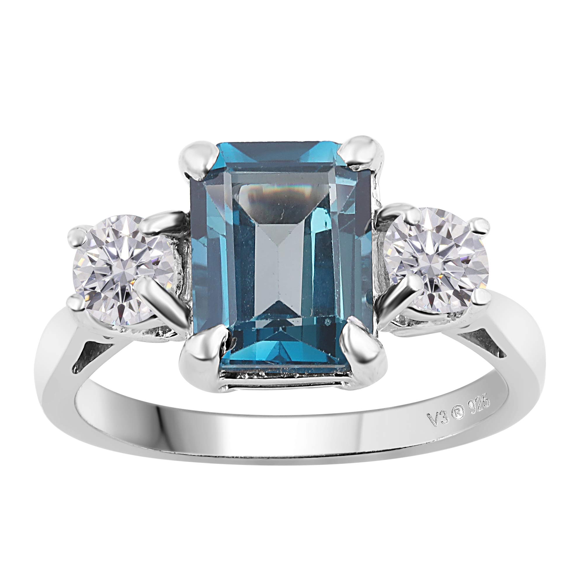 London Blue Topaz & Moissanite Sterling Silver Three Stone Ring | Elegant Jewelry for Engagement, Anniversary & Special Occasions