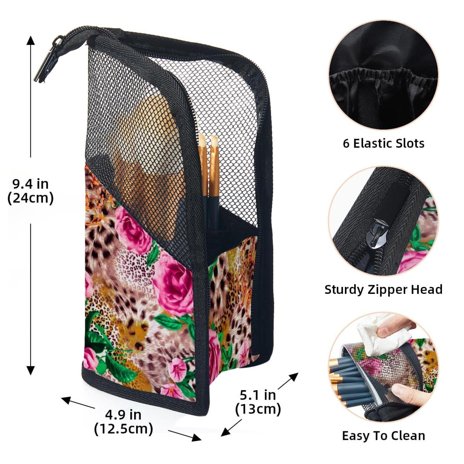 Premium Makeup Brush Organizer Bag with 12 Brushes - Striped, Leopard & Floral Patterns - Portable Cosmetic Brush Holder Case for Travel & Home Vanity Organization